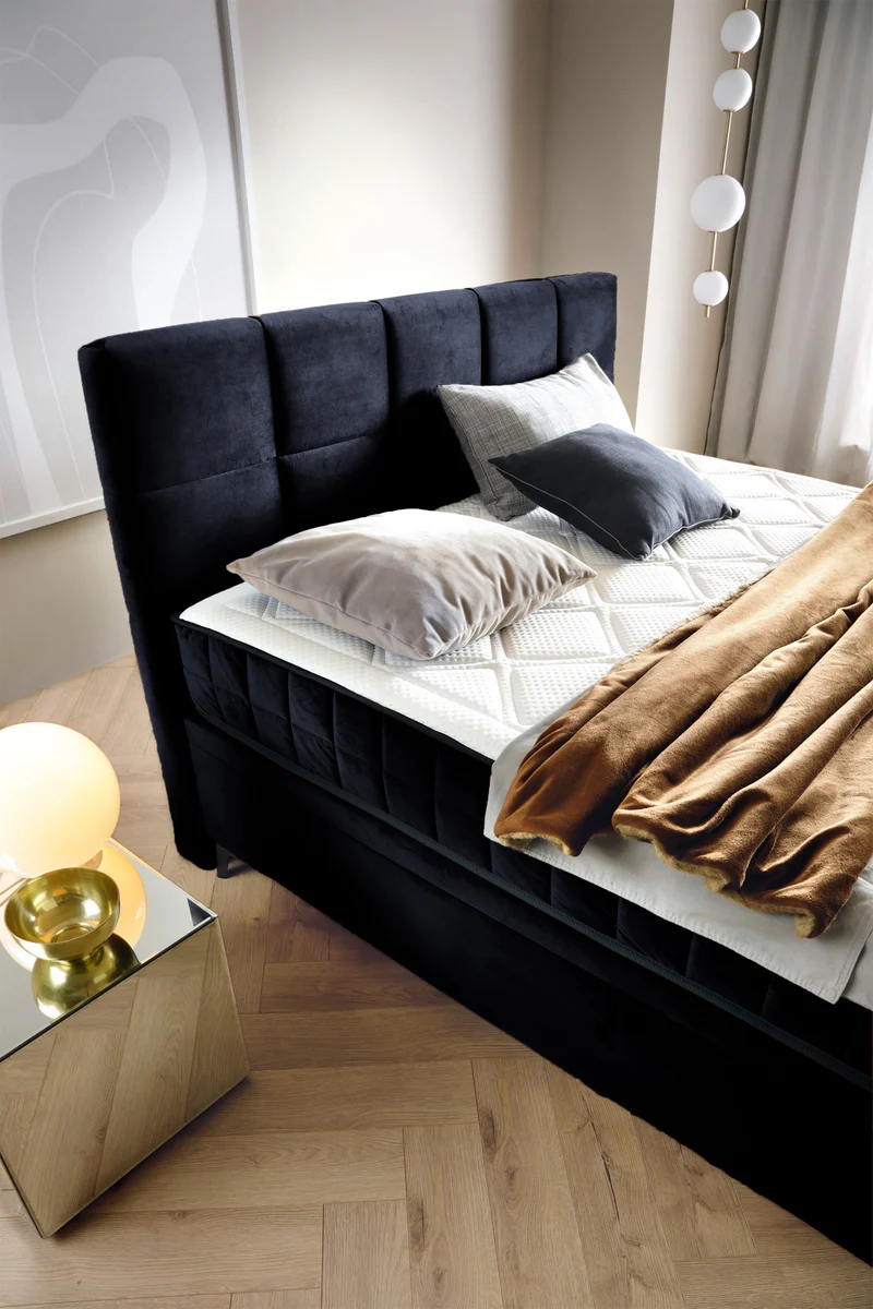 Kontinentalbett 180x200 cm Beriano mit Stauraum und Matratze, dunkelblauer Samt