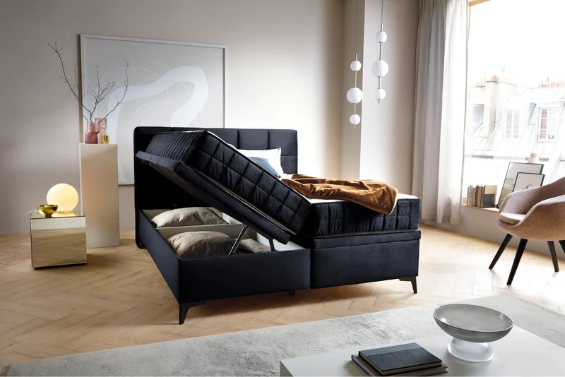 Kontinentalbett 180x200 cm Beriano mit Stauraum und Matratze, dunkelblauer Samt