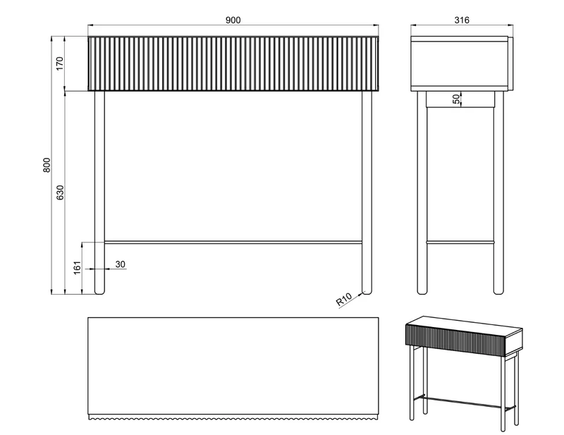 Nolie-Konsole mit Schublade und Füßen 90 cm Portland Esche Schwarz