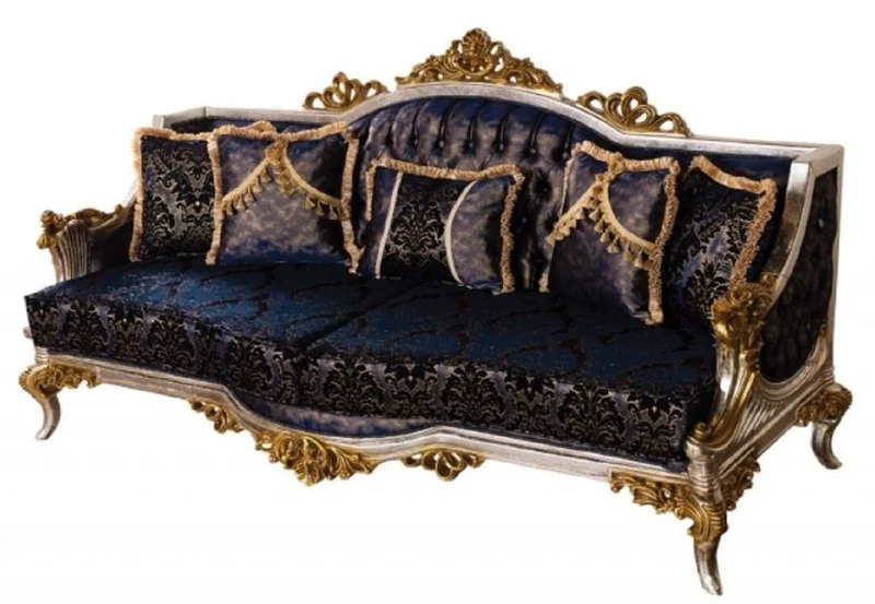 Casa Padrino Luxus Barock Sofa Royalblau / Schwarz / Silber / Gold - Prunkvolles Wohnzimmer Sofa mit elegantem Muster - Barock Wohnzimmer Möbel