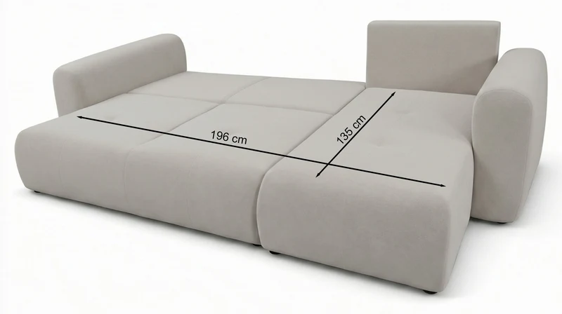 Ecksofa mit Schlaffunktion Olido, universell L-förmig, mit Stauraum, grau-beiges hydrophobes Samtgewebe