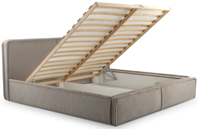 Gepolstertes Bett 160x200 cm Cordo mit Stauraum, Holzlattenrost, beige Cordstoff