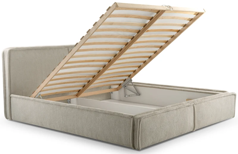 Polsterbett 180x200 cm Cordo mit Stauraum, Holzlattenrost, hellbeige Cordstoff
