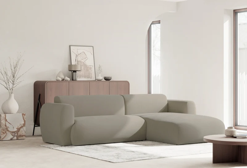 Ecksofa mit Schlafunktion Emia, L-förmig, rechtsseitig, grau-beige, pflegeleichter Chenillestoff