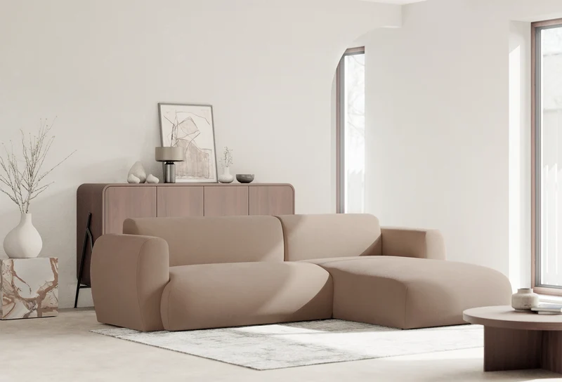 Ecksofa mit Schlaffunktion Emia, L-Form, rechtsseitig, beige, pflegeleichter Chenillestoff