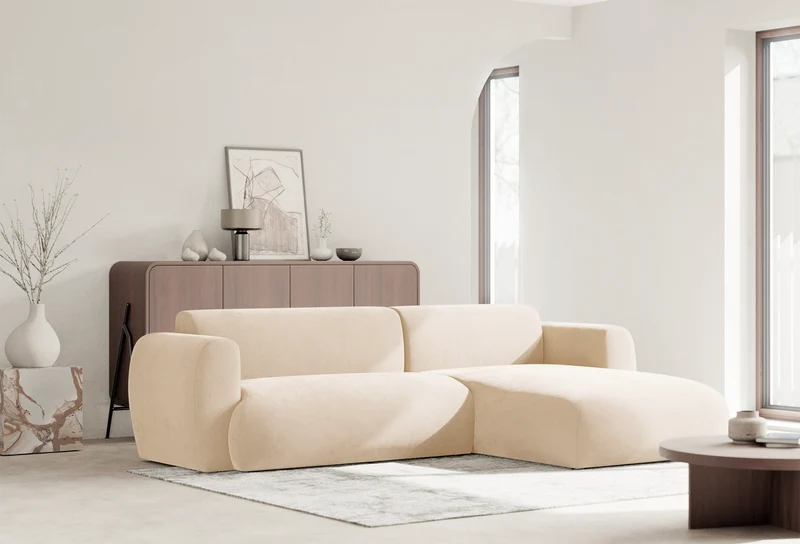 Ecksofa mit Schlaffunktion Emia, L-förmig, rechtsseitig, hellbeige Chenille
