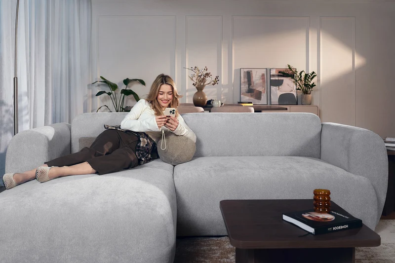 Ecksofa mit Schlaffunktion Emia, L-förmig, linksseitig, grau, Chenille