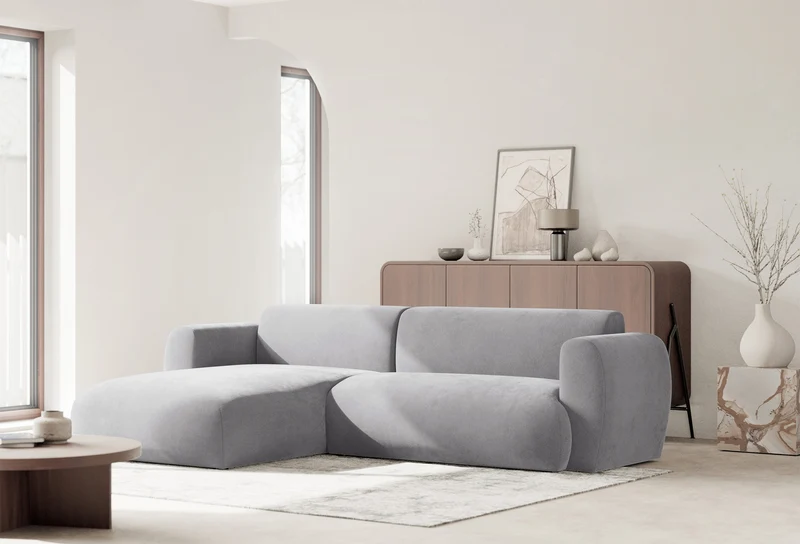 Ecksofa mit Schlaffunktion Emia, L-förmig, linksseitig, grau, Chenille