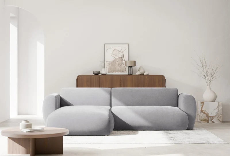 Ecksofa mit Schlaffunktion Emia, L-förmig, linksseitig, grau, Chenille