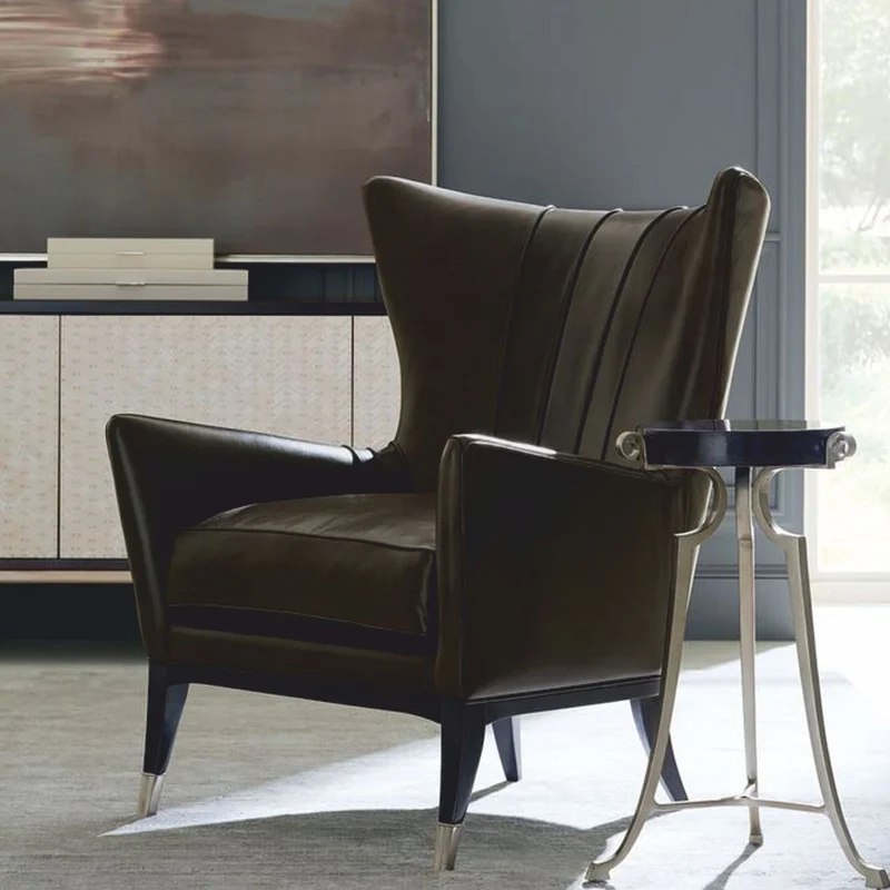 Casa Padrino Luxus Art Deco Leder Ohrensessel Braun / Schwarz / Silber H. 102 cm