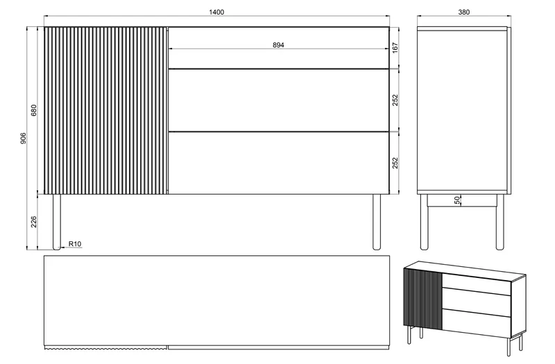 Einzeltür-Kommode Nolie mit drei Schubladen, 140 cm, geölte Eiche