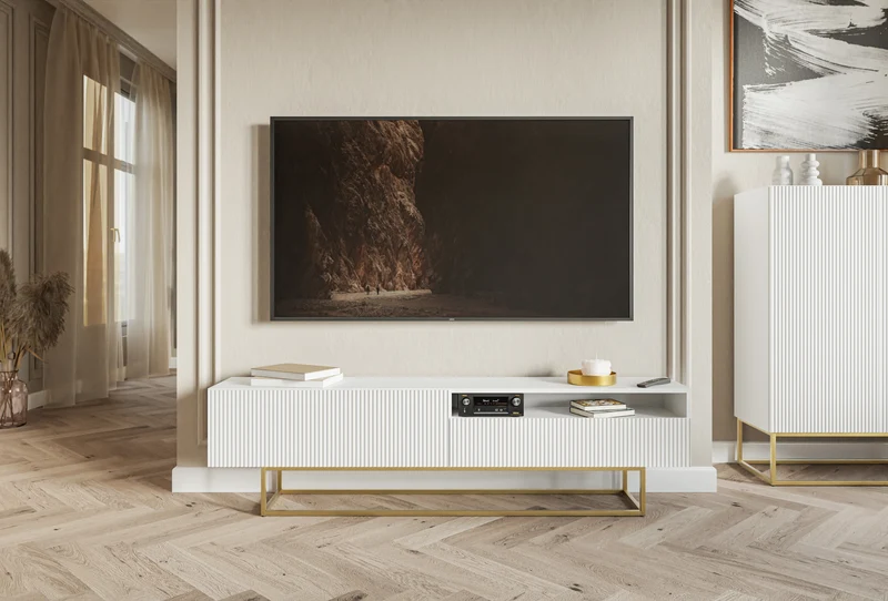 TV-Schrank Veldio mit gefräster Front und Nische, 175 cm, Schwarz mit goldenen Beinen