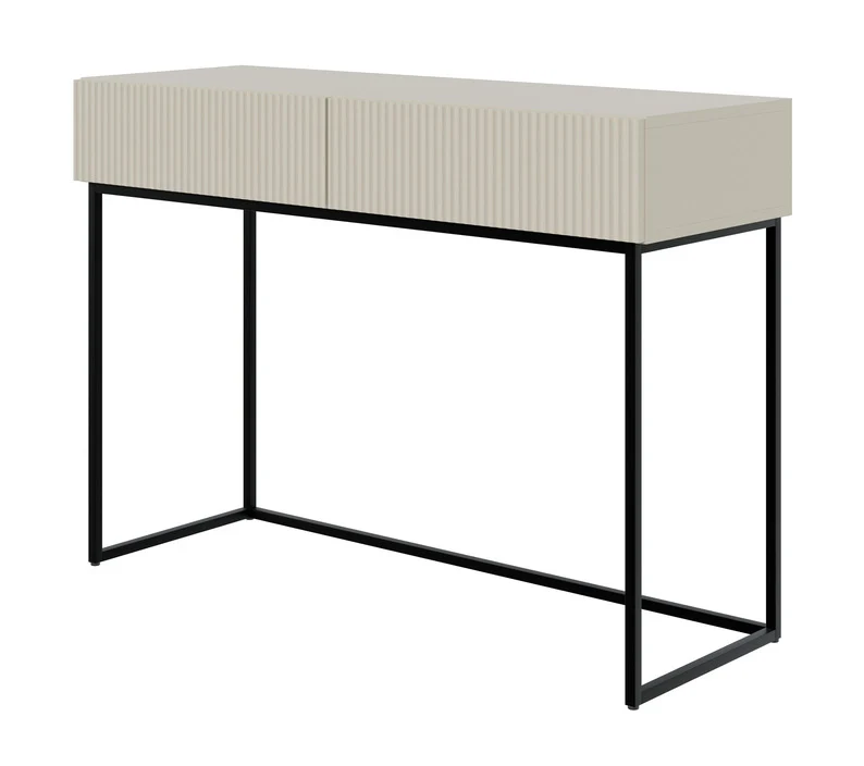 Schminktisch Veldio mit gefräster Front und zwei Schubladen, 110 cm, Grau-Beige mit schwarzen Beinen