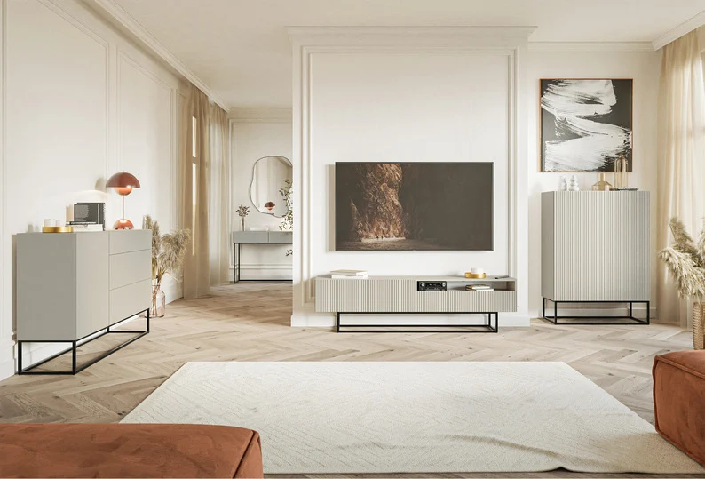 Schminktisch Veldio mit gefräster Front und zwei Schubladen, 110 cm, Grau-Beige mit schwarzen Beinen