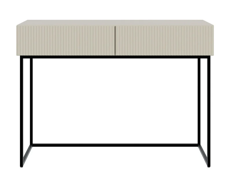 Schminktisch Veldio mit gefräster Front und zwei Schubladen, 110 cm, Grau-Beige mit schwarzen Beinen