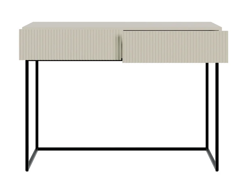 Schminktisch Veldio mit gefräster Front und zwei Schubladen, 110 cm, Grau-Beige mit schwarzen Beinen