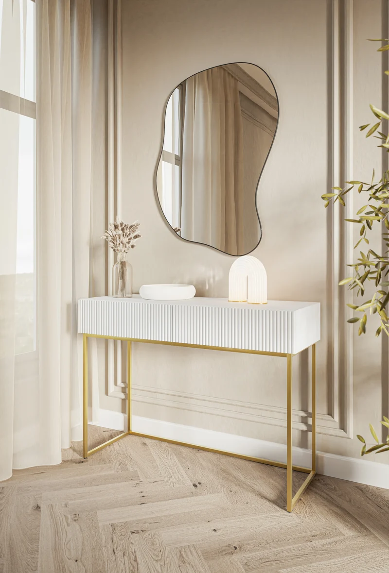 Toilettentisch Veldio mit gefräster Front und zwei Schubladen, 110 cm, Schwarz mit schwarzen Beinen