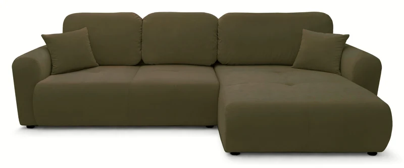 Großes L-förmiges Ecksofa Olido mit Schlaffunktion, universell, mit Stauraum, olivgrüner hydrophober Samtbezug
