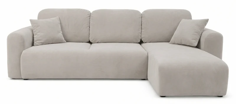 Ecksofa mit Schlaffunktion Olido, universell L-förmig, mit Stauraum, grau-beiges hydrophobes Samtgewebe