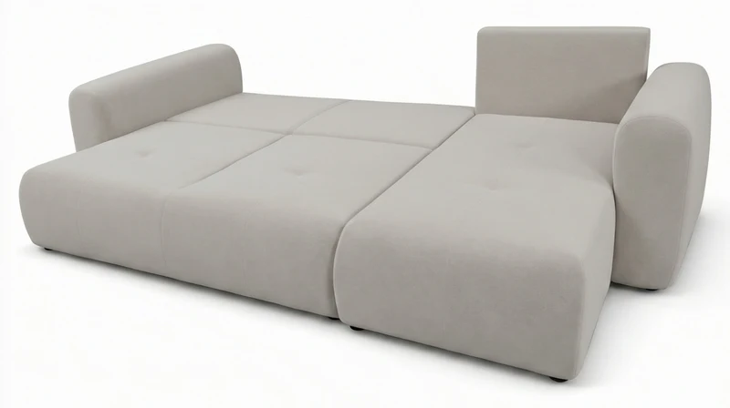 Ecksofa mit Schlaffunktion Olido, universell L-förmig, mit Stauraum, grau-beiges hydrophobes Samtgewebe