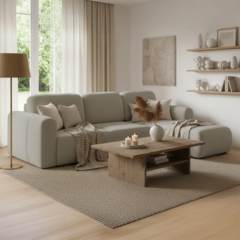 Ecksofa mit Schlaffunktion Olido, L-förmig, universell, mit Stauraum, beige, wasserabweisender Samt