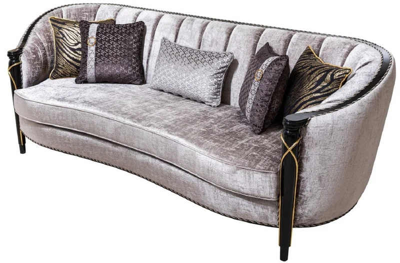 Casa Padrino Luxus Barock Wohnzimmer Sofa Silber / Schwarz / Gold 245 cm