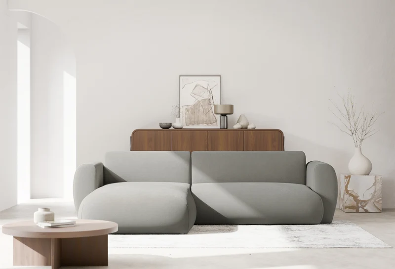Ecksofa mit Schlafunktion Emia L-förmig, linksseitig, hellgrauer Chenille-Stoff, leicht zu reinigen