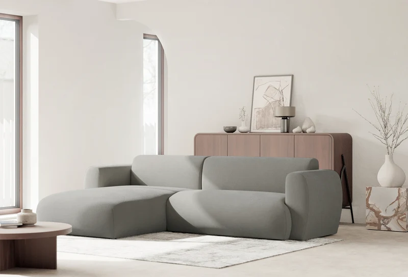 Ecksofa mit Schlafunktion Emia L-förmig, linksseitig, hellgrauer Chenille-Stoff, leicht zu reinigen