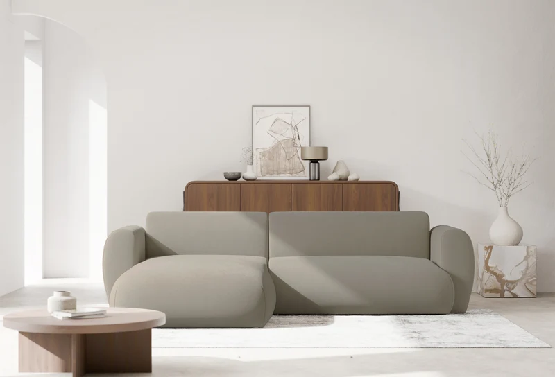 Ecksofa mit Schlafunktion Emia, L-förmig, linksseitig, grau-beige, pflegeleichter Chenillestoff