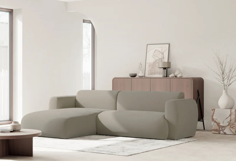 Ecksofa mit Schlafunktion Emia, L-förmig, linksseitig, grau-beige, pflegeleichter Chenillestoff