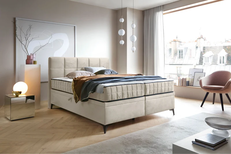Kontinentalbett 180x200 cm Beriano mit Stauraum und Matratze, hellbeiger Samt
