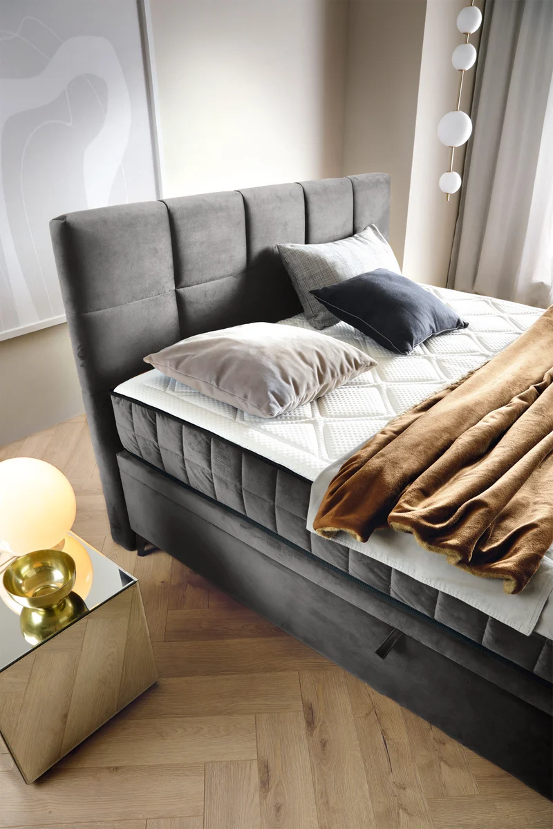 Kontinentales Bett 160x200 cm Beriano mit Stauraum und Matratze, aschgrauer Samt