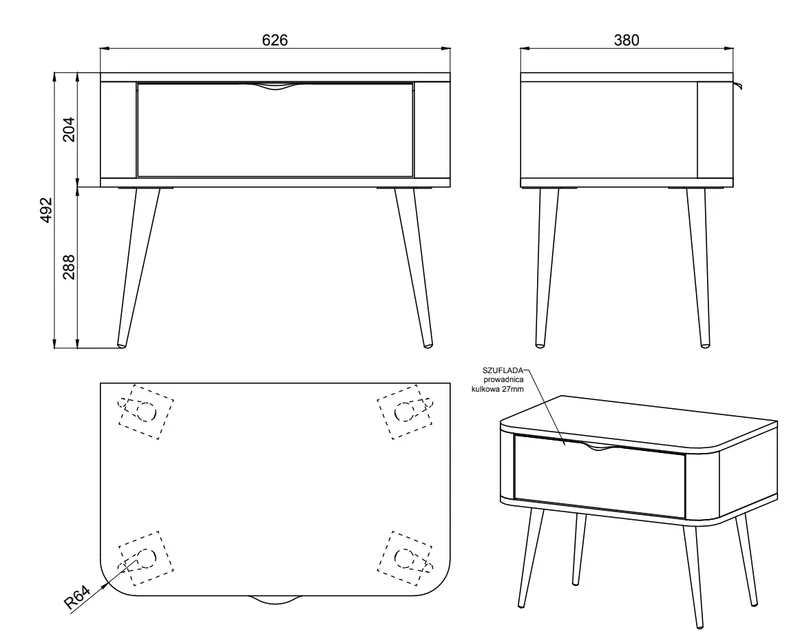 Ovaler Nachttisch mit Schublade 63 cm Weiß