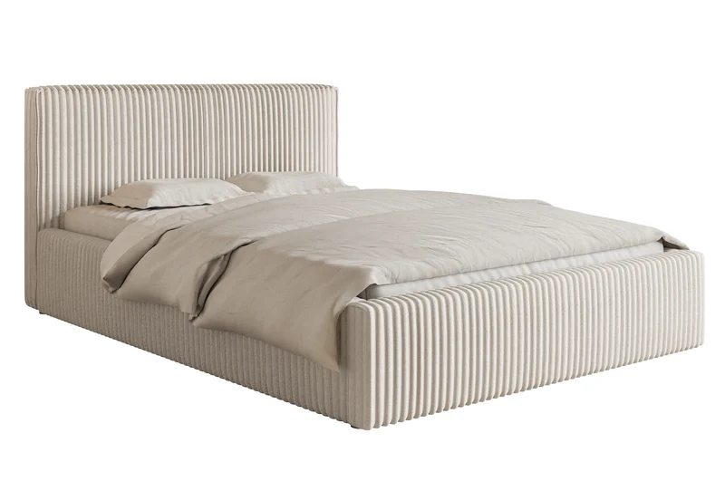 Polsterbett 140x200 cm Tilio mit Stauraum, Metallrahmen, cremefarben, dicker Cordstoff