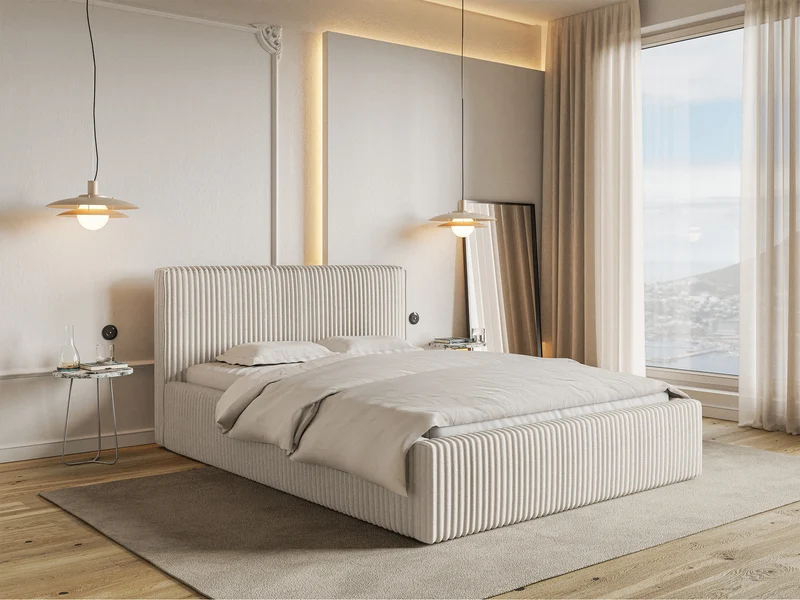 Polsterbett 140x200 cm Tilio mit Stauraum, Metallrahmen, cremefarben, dicker Cordstoff