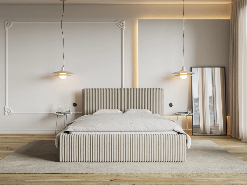 Polsterbett 140x200 cm Tilio mit Stauraum, Metallrahmen, hellbeige, grober Cordstoff