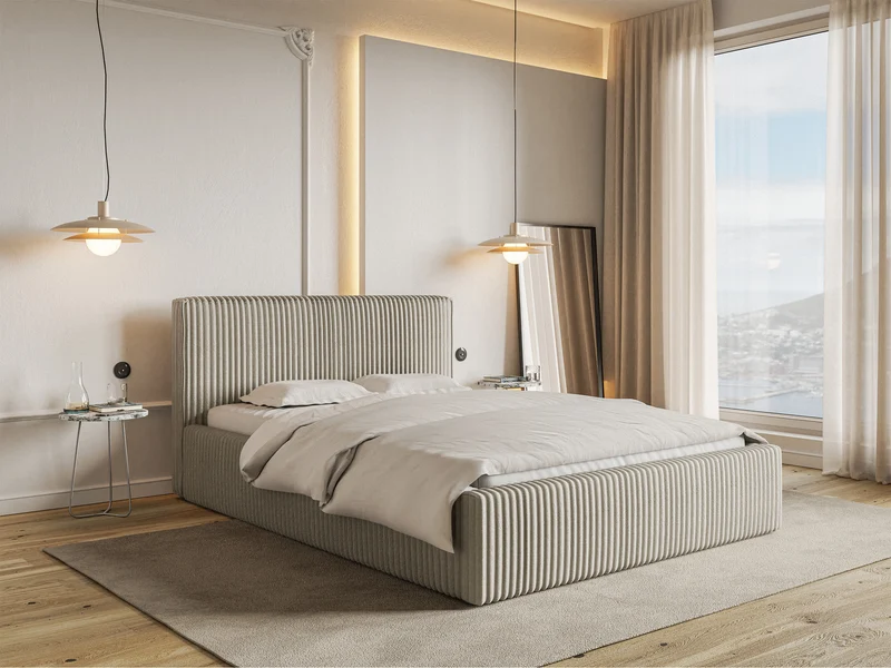 Polsterbett 140x200 cm Tilio mit Stauraum, Metallrahmen, hellbeige, grober Cordstoff