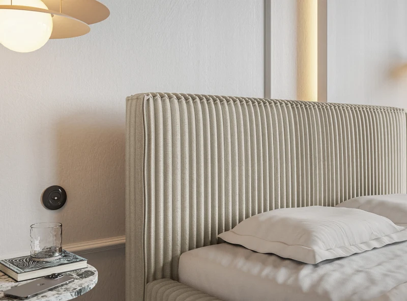 Polsterbett 140x200 cm Tilio mit Stauraum, Metallrahmen, hellbeige, grober Cordstoff