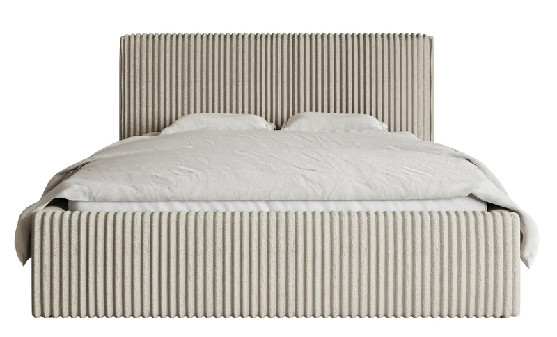 Polsterbett 140x200 cm Tilio mit Stauraum, Metallrahmen, hellbeige, grober Cordstoff
