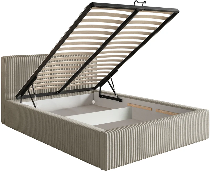 Polsterbett 140x200 cm Tilio mit Stauraum, Metallrahmen, hellbeige, grober Cordstoff