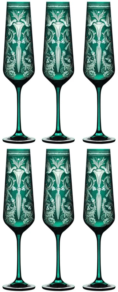 Casa Padrino Luxus Champagnerglas 6er Set Grün / Silber Ø 6,5 x H. 26,5 cm - Handgefertigte und handgravierte Champagnergläser - Hotel & Restaurant Accessoires - Luxus Qualität