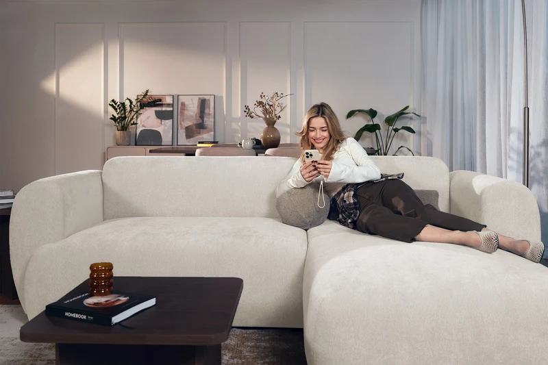 Ecksofa mit Schlaffunktion Emia, L-Form, rechtsseitig, beige Chenille