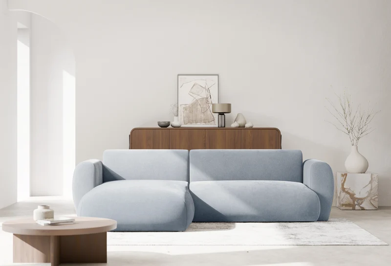 Ecksofa mit Schlaffunktion Emia, L-förmig, linksseitig, hellblauer Chenille-Bezug