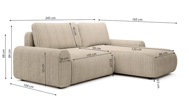 Ecksofa mit Schlaffunktion Lelu, L-förmig, universell, mit Stauraum, schwarzer Cordstoff