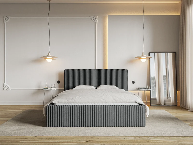 Gepolstertes Bett 160x200 cm Tilio mit Stauraum, Metallrahmen, grauer dicker Cordstoff