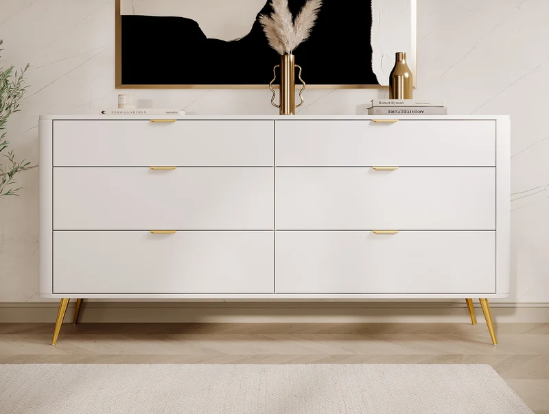 Oval-Kommode mit sechs Schubladen, 173 cm, Weiß