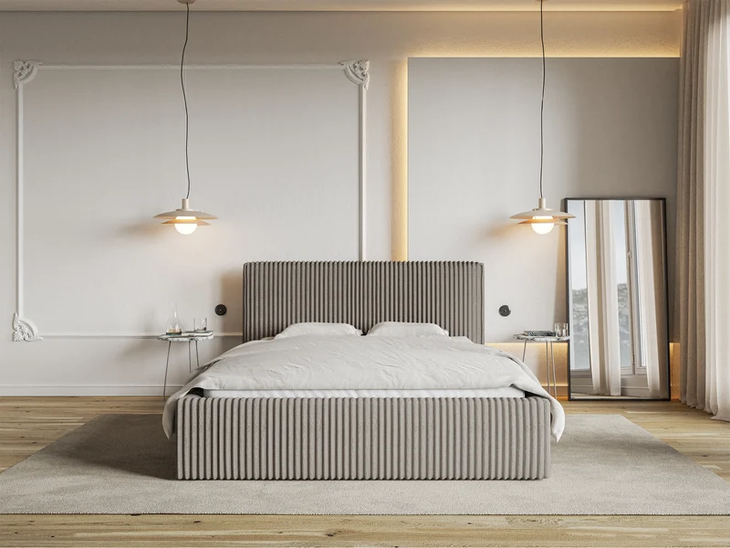 Polsterbett 180x200 cm Tilio mit Stauraum, Metallrost, grau-beige, dicker Cordstoff