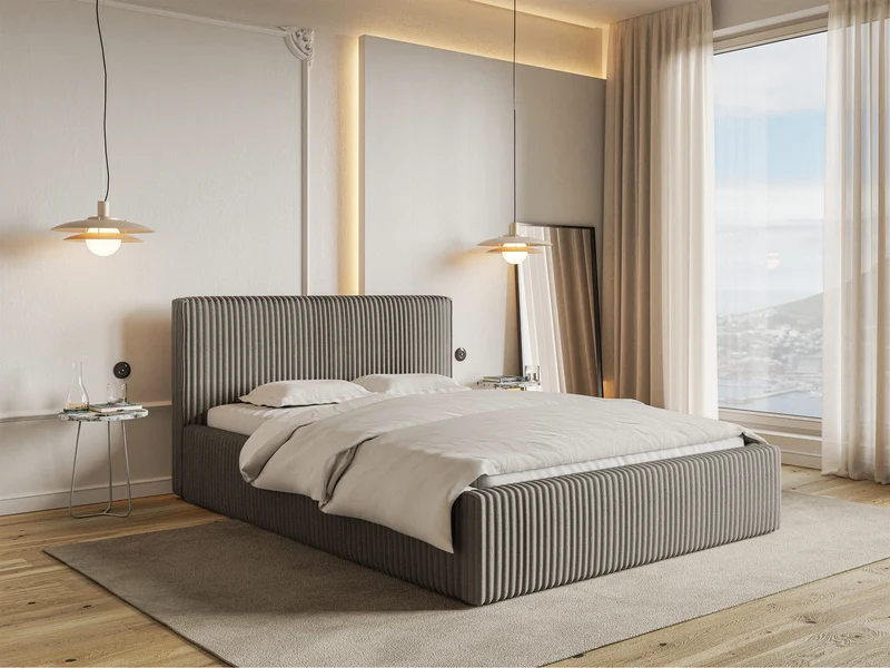 Polsterbett 180x200 cm Tilio mit Stauraum, Metallrost, grau-beige, dicker Cordstoff