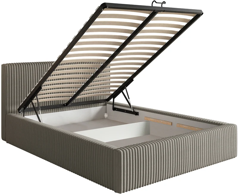 Polsterbett 180x200 cm Tilio mit Stauraum, Metallrost, grau-beige, dicker Cordstoff