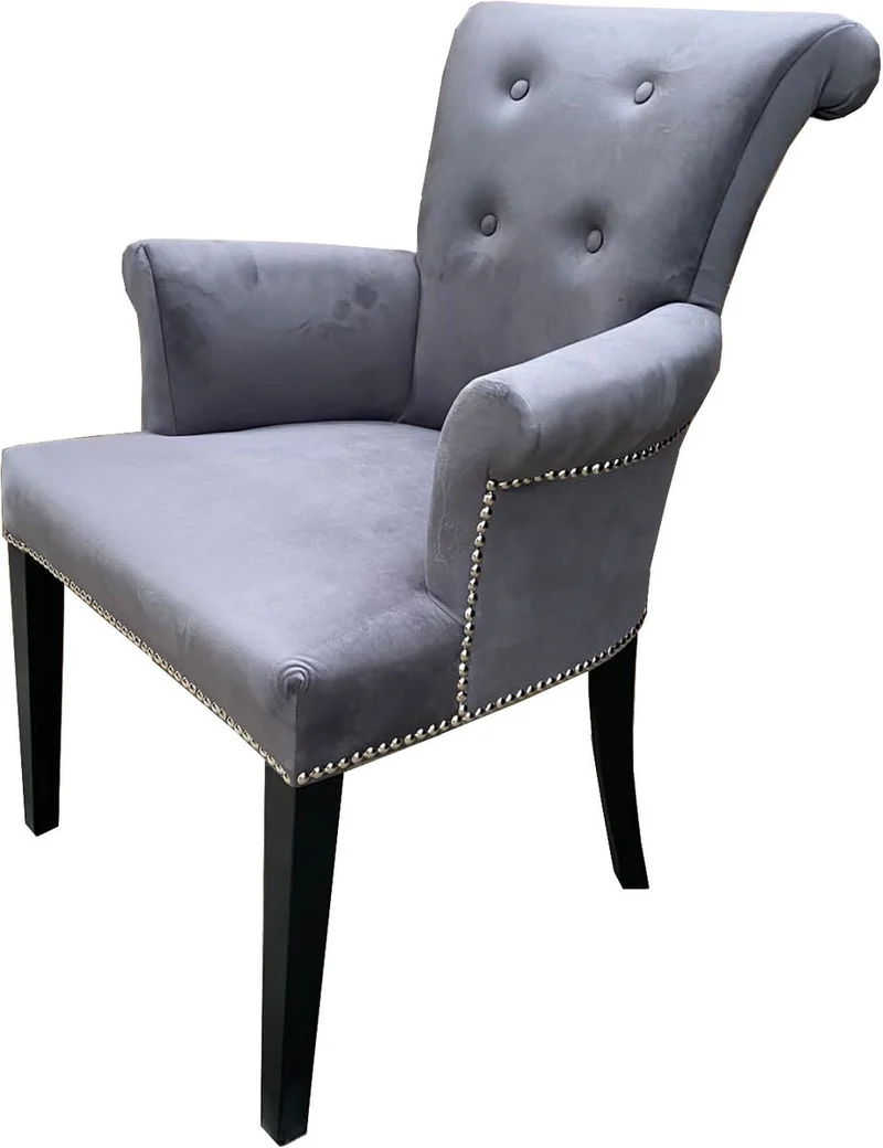 Casa Padrino Luxus Esszimmerstuhl 6er Set Grau / Schwarz - Massivholz Küchenstühle mit Armlehnen und edlem Samtstoff - Luxus Esszimmer & Restaurant Möbel